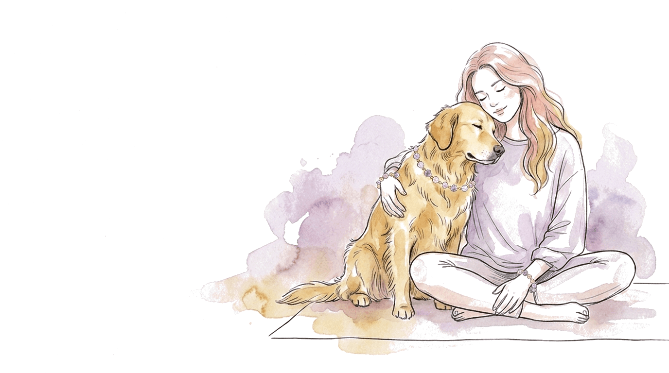 A watercolour of a woman sitting on the floor with her golden retriever leaning into her, both with their eyes closed. She wears a beaded crystal bracelet and he wears the matching crystal bead collar.