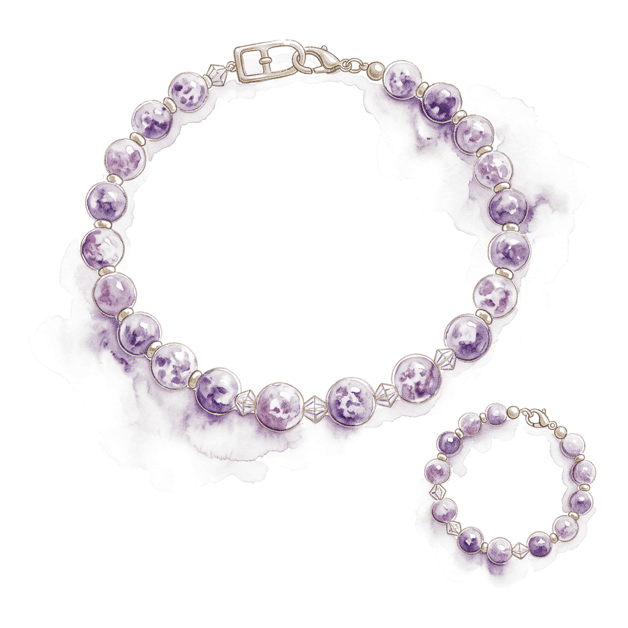Watercolour study of the Lepidolite collar and its matching bracelet